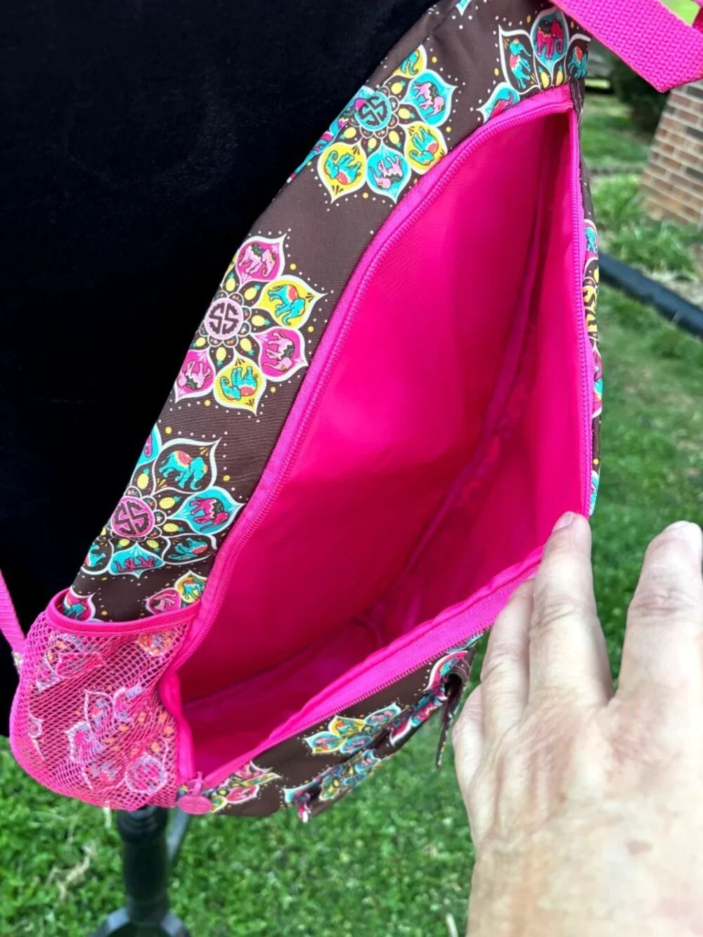 Simply Southern Brown & Pink Elephant Sling Backpack Floral Print Mandala Flower